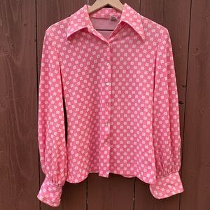 Vintage 70s floral pink and white button down